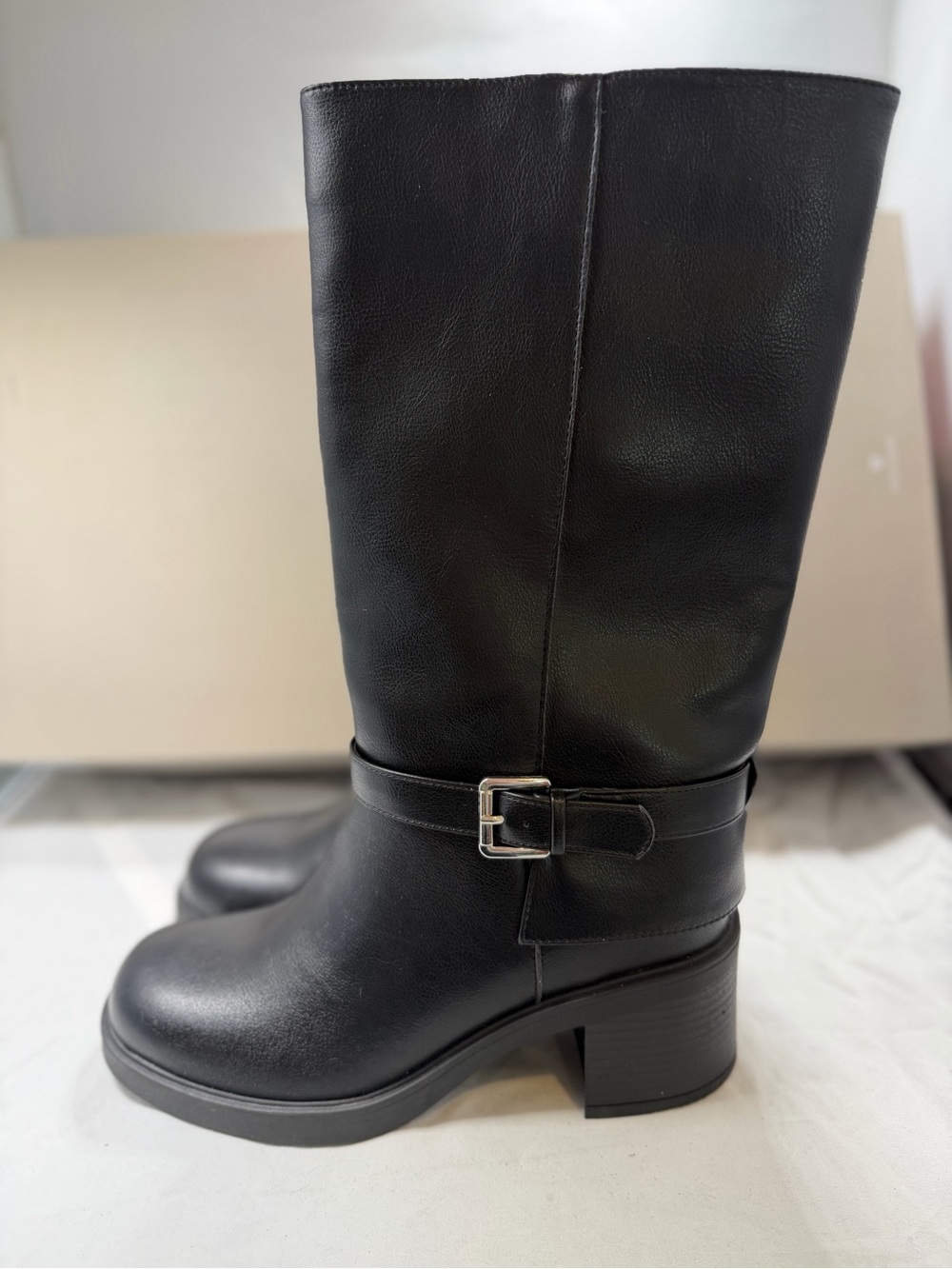 Black Chunky Block Heel Knee High Buckle Boots Size 7.5